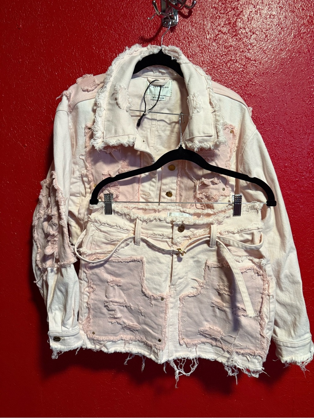 197. Preloved First Row Distressed Light Pink Denim Jacket and Skirt